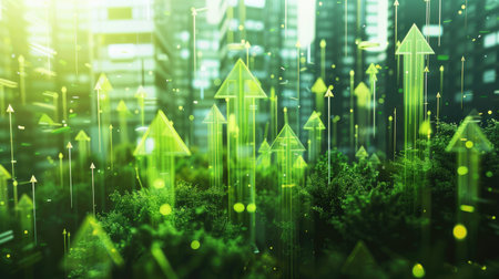 Conceptual image of green arrows depicting sustainable and ecological development, highlighting environmental growth and eco-friendly progress in a modern context.の素材