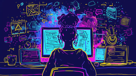 Doodle of a person in front of a computer, with floating objects like code snippets and programming icons symbolizing a coding tutoの素材
