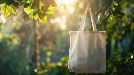 Mockup of a plain white fabric tote bag against a nature-inspired background, ideal for showcasing eco-friendly and sustainable lifestyle choices.の素材