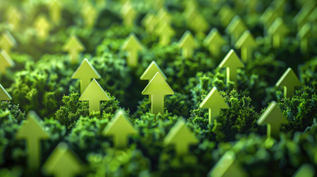 Conceptual image of green arrows depicting sustainable and ecological development, highlighting environmental growth and eco-friendly progress in a modern context.の素材