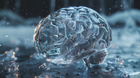 Artistic depiction of a brain wrapped in ice, representing the concept of cryonics and the idea of conserving human consciousness for future revival.の素材