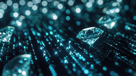 Glittering diamonds with subtle binary code overlays, symbolizing the fusion of digital technology and wealth in a luxurious and modern contextの素材