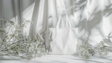 Mockup of a blank white fabric tote bag against a backdrop inspired by nature, highlighting eco-friendly living and sustainable fashion trends.の素材