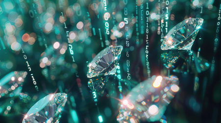 Glittering diamonds with subtle binary code overlays, symbolizing the fusion of digital technology and wealth in a luxurious and modern contextの素材