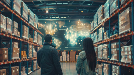 Employees in a busy warehouse analyze a supply chain map dotted with pins representing foreign suppliers, showcasing global logistics and efficient distribution networks.の素材