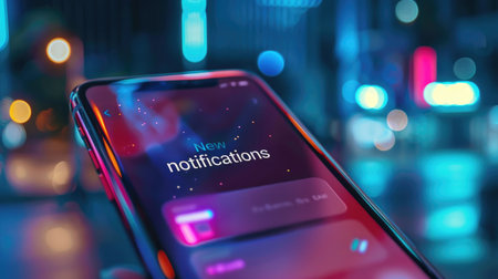 Smartphone screen with "New notifications" alert, representing instant connectivity and real-time updatesの素材