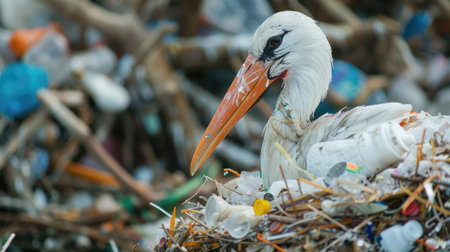 Close-up of a stork nest filled with plastic waste and microplastics, illustrating the detrimental effects of pollution on wildlife and their natural environments.の素材