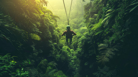 A man enjoying a thrilling zipline ride through a lush rainforest, immersed in vibrant green surroundings, ideal for eco-tourism and adventure travel concepts.の素材