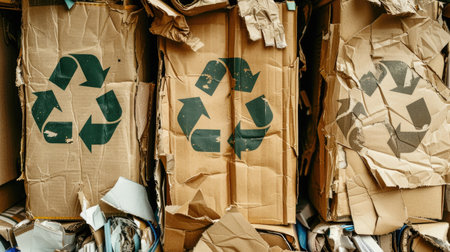 Assorted paper and cardboard piles with prominent international recycling symbols, displayed on a plain background, emphasizing recycling initiatives and sustainable practicesの素材