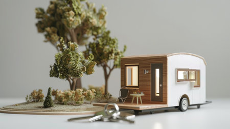 A tiny house model and a set of silver keys on display, depicting the idea of acquiring a compact and comfortable home in the real estate market.の素材