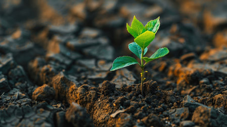A green sapling emerging triumphantly from the dry, cracked ground, symbolizing hope, renewal, and the resilience of nature in the face of adversity.の素材