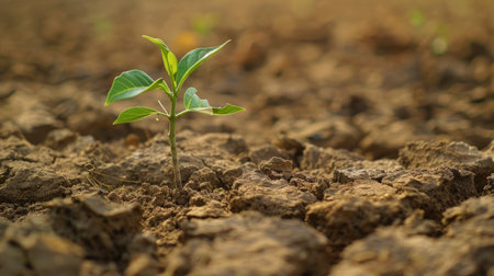 A young green sapling breaking through the parched, cracked soil, symbolizing nature's resilience and the hope of recovery, perfect for themes of renewal and restoration.の素材