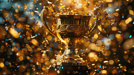 A shining gold medal trophy displayed on stage, enveloped by a burst of sparkling confetti, epitomizing success and celebration in a major competition.の素材