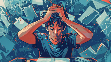 Depiction of acute stress disorder: a person experiencing emotional breakdown due to overwhelming study or work pressure, highlighting the strain of academic or professional demands.の素材