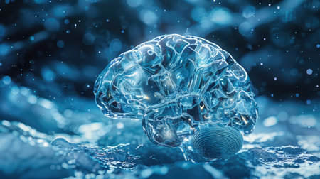 Artistic depiction of a brain wrapped in ice, representing the concept of cryonics and the idea of conserving human consciousness for future revival.の素材