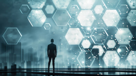 Futuristic hexagon background with businessman in a professional stance, representing modern corporate leadership and forward-thinking business environments.の素材