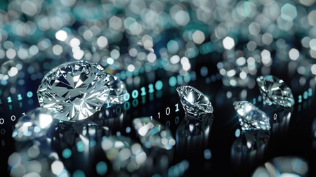 Sparkling diamonds with overlaid binary code symbols, representing the synergy between digital technology and luxury in a visually striking compositionの素材