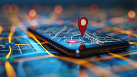 Geofencing in action: Digital map with defined virtual boundaries, a location pin, and a smartphone with a geofencing app, symbolizing location-based tracking and management solutionsの素材