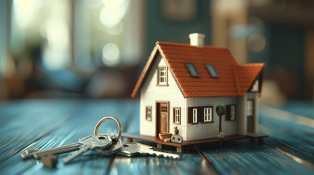 A charming miniature tiny house model with a set of silver keys beside it, representing the dream of owning a cozy small home in the real estate marketの素材