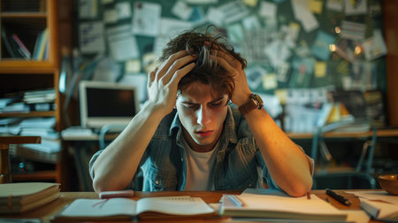 A stressed individual overwhelmed by study or work pressure, depicting acute stress disorder and emotional breakdown in a high-pressure academic or professional environmentの素材