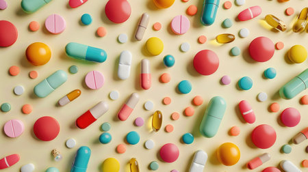 Colorful array of pharmaceutical medicines and vitamins scattered across a surface, illustrating the wide range of healthcare treatments and options available.の素材