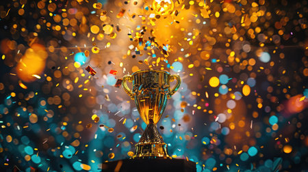 At the center of the stage, the gold medal winner trophy shines under the spotlight, surrounded by a flurry of bright, glittering confetti, symbolizing triumph and excellence.の素材