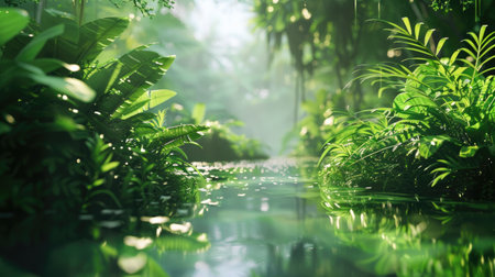Serene nature-based background ideal for Zoom online meetings, showcasing lush greenery and tranquil landscapes, with blank space for text or logos.の素材