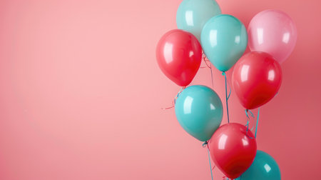 Festive balloons in various colors against a single-tone background, offering blank space for personalized text or event details.の素材