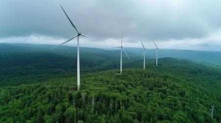 Image of wind turbines amid a green forest, showcasing renewable energy project planning and emphasizing sustainable energy solutions in a natural environment.の素材