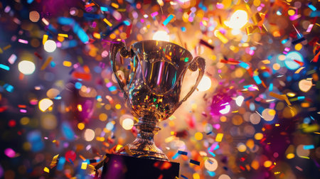 Center stage, the glittering gold medal winner's trophy sparkles amid a cascade of vibrant, shimmering confetti, representing ultimate victory and achievementの素材
