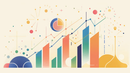 Illustration of financial progress in business, with an upward graph demonstrating increasing profit development and successful financial outcomes.の素材