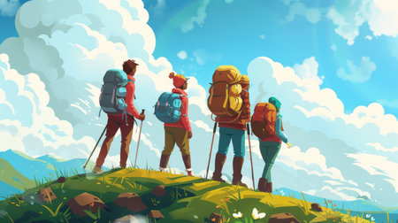 Cartoon characters hiking up a hill with backpacks, ready to set up camp at the top.の素材
