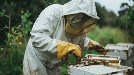 Beekeeper in protective gear tending to beehives, emphasizing the importance of bees in agriculture and pollination.の素材