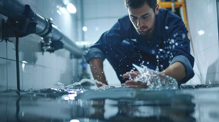 Expert emergency plumber addressing water leaks, demonstrating fast and effective solutions to protect against water damage.の素材