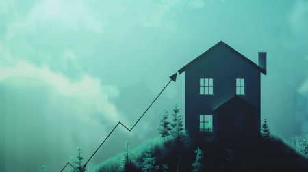 Conceptual image of an ascending graph in the housing market, signifying lucrative financial benefits from rental income and real estate investments during a robust property sector growth.の素材