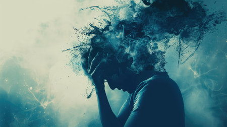 Depiction of acute stress disorder: a person experiencing emotional breakdown due to overwhelming study or work pressure, highlighting the strain of academic or professional demands.の素材