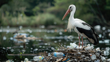 Stork nest contaminated with plastic waste and PET bottles, highlighting the critical impact of environmental pollution on wildlife and their natural homes.の素材