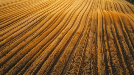 Aerial view of a sprawling wheat field, with patterns created by the rows of crops, highlighting the scale of modern agricultureの素材