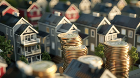 Illustrative concept of the housing market with images of residential properties, symbolizing real estate investment opportunities and market growth potential.の素材