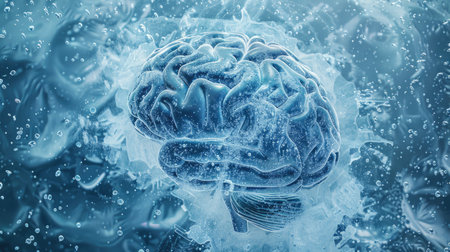 Illustration of a brain frozen in ice, symbolizing cryonics and the conservation of human consciousness for potential future recovery and revival.の素材