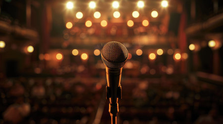 Image of a microphone under spotlight on a stand, with a blurred background of an audience-filled auditorium, suggesting a compelling live performance or engaging speechの素材