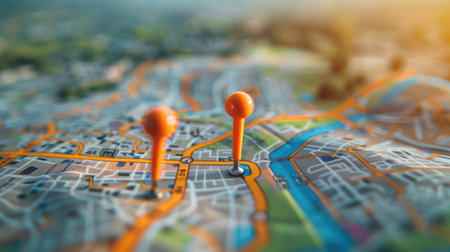 Detailed map showing a specific location marked with two vibrant pins, symbolizing starting and destination points in a GPS navigation system for efficient route planning.の素材