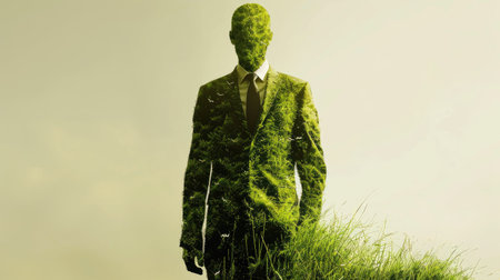Artistic portrayal of a businessman dressed in a suit composed of grass and moss, symbolizing green jobs and sustainable business practices, highlighting a commitment to eco-friendly and nature-centric approaches in modern business.の素材