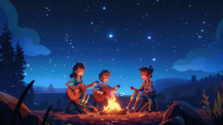 Cartoon characters singing and playing guitar around a campfire under a starry night sky.の素材