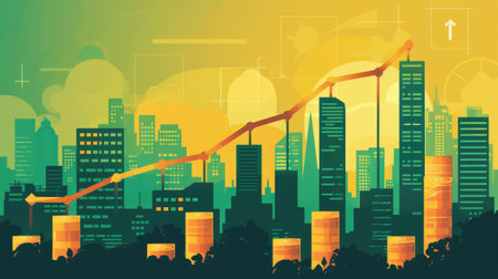 Illustration of financial progress in business, with an upward graph demonstrating increasing profit development and successful financial outcomes.の素材