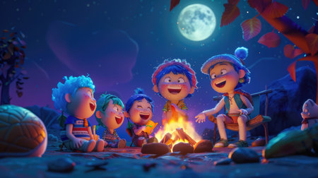Animated characters telling stories and laughing around a colorful campfire under the moonlight.の素材