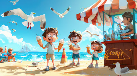 Cartoon kids eating ice cream cones at a beachside ice cream stand, with seagulls flying overhead.の素材