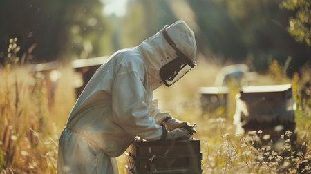 Beekeeper in protective gear tending to beehives, emphasizing the importance of bees in agriculture and pollination.の素材