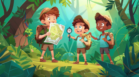 Cartoon characters using a map and compass to navigate their way through a fun, illustrated forest.の素材