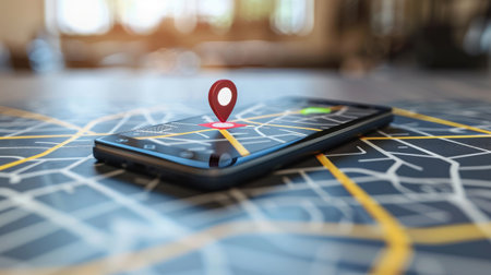 Geofencing in action: Digital map with defined virtual boundaries, a location pin, and a smartphone with a geofencing app, symbolizing location-based tracking and management solutionsの素材